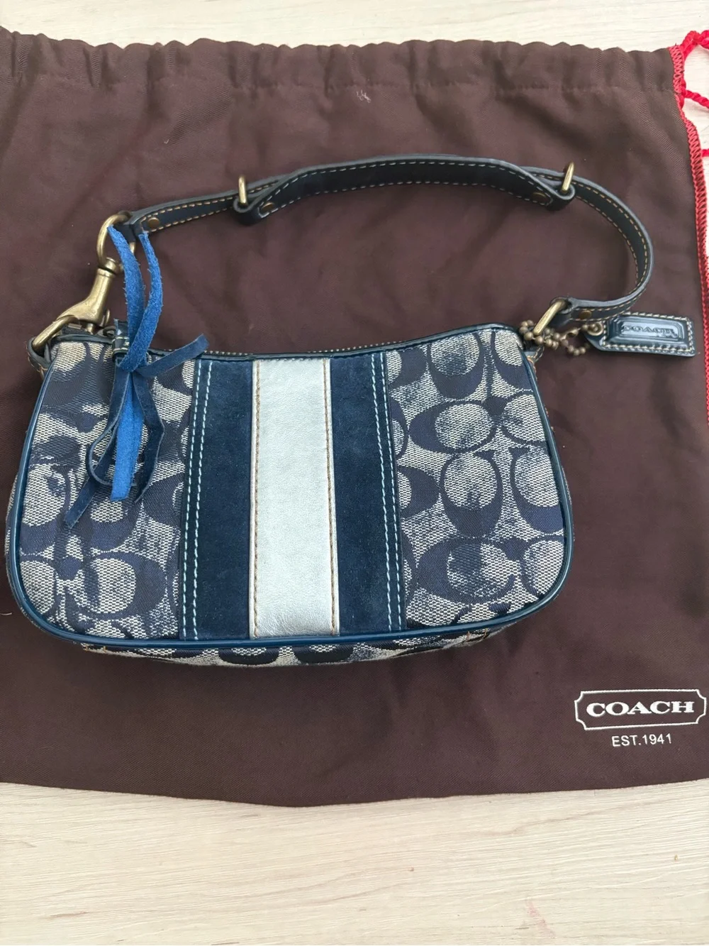 Coach Navy Signature Stripe Shoulder Bag with Light Blue Center - Picture 1 of 10